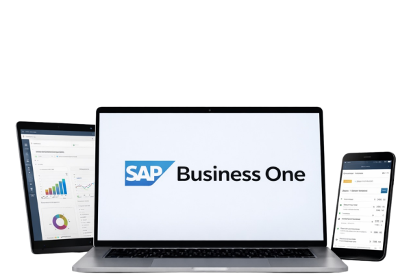 Interface do SAP Business One em notebook, tablet e celular, utilizada por consultoria SAP B1 para gestão empresarial